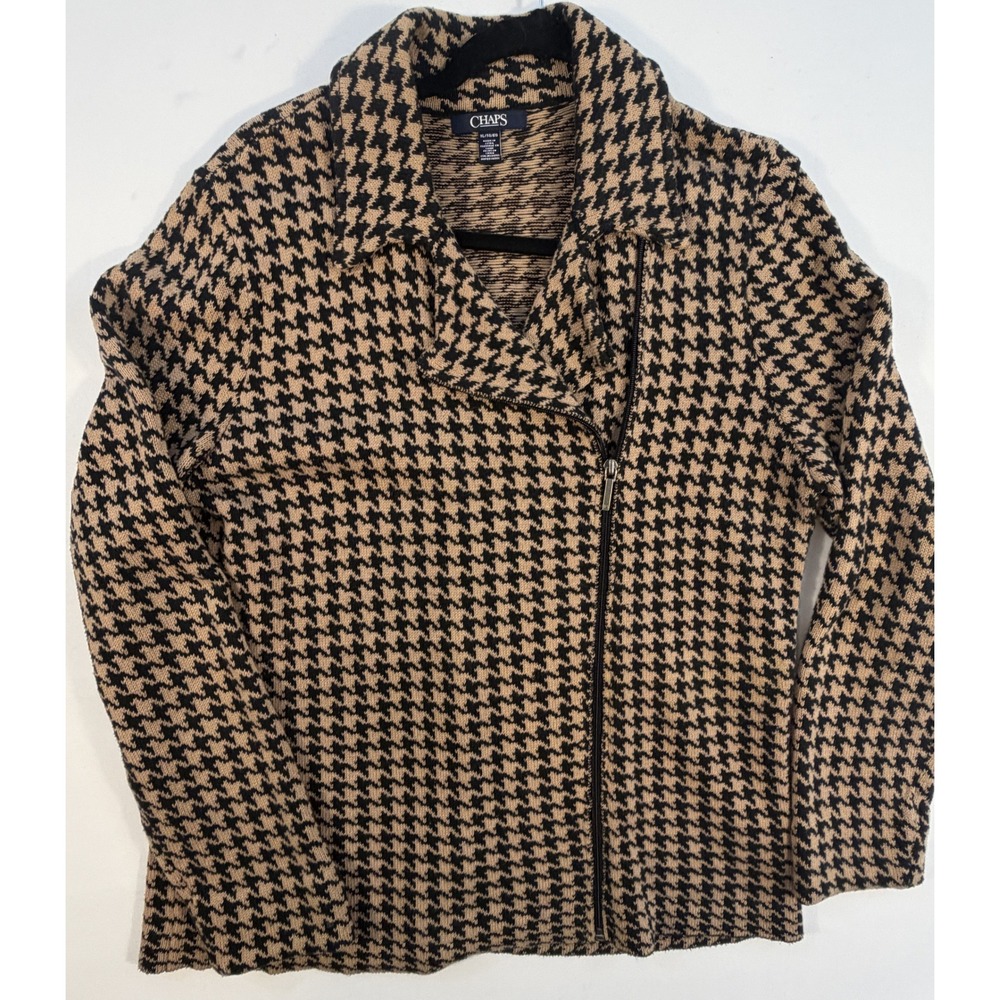 Chaps Moto Jacket Women XL Tan Black Excellent Houndstooth Knit Cotton Zip